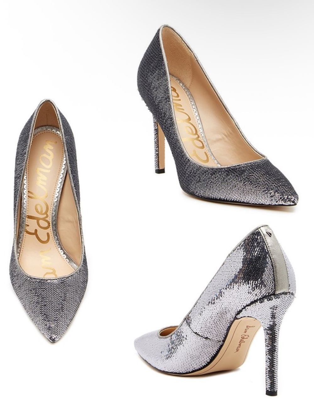 Sam Edelman Hazel Silver Metallic Sequins Point Toe Heels Size 8.5M